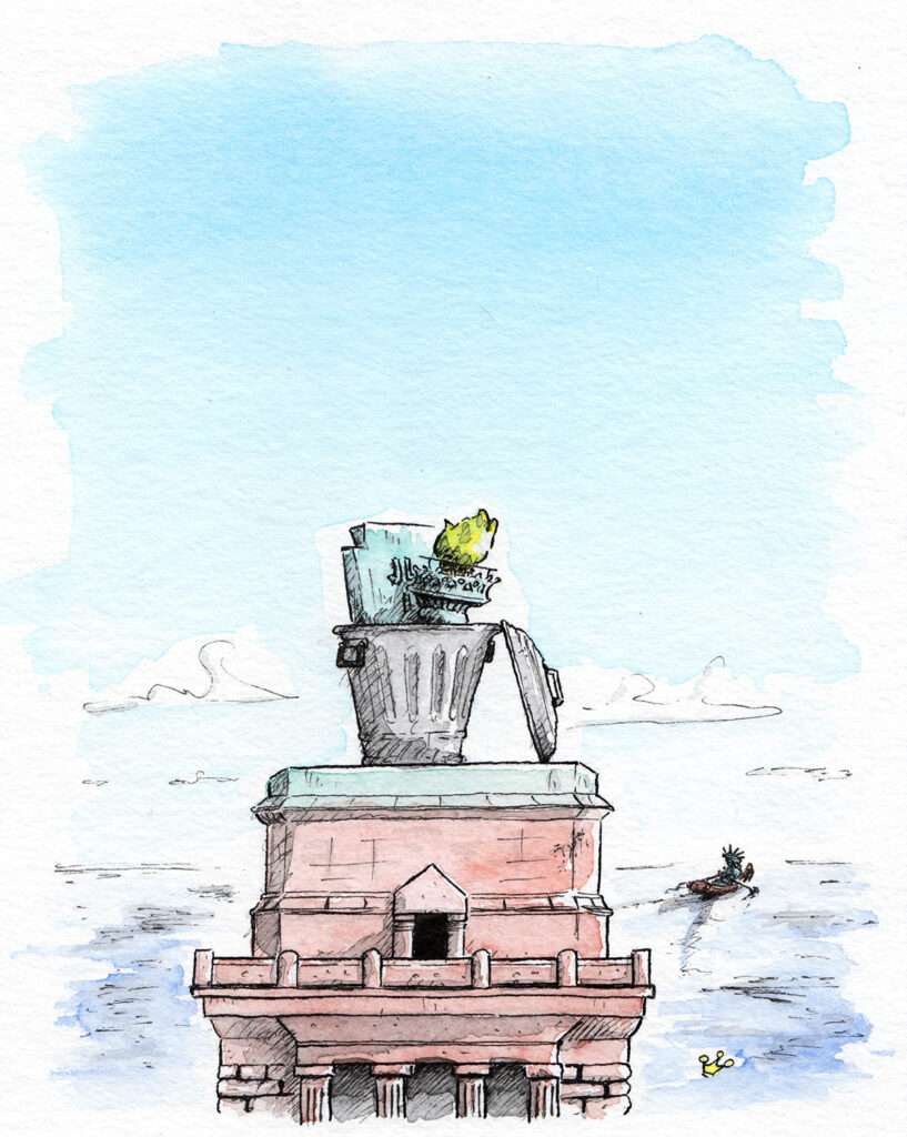 Freiheitsstatue: Die Freiheit verlässt ihren Sockel und lässt Recht und Vernunft zurück.